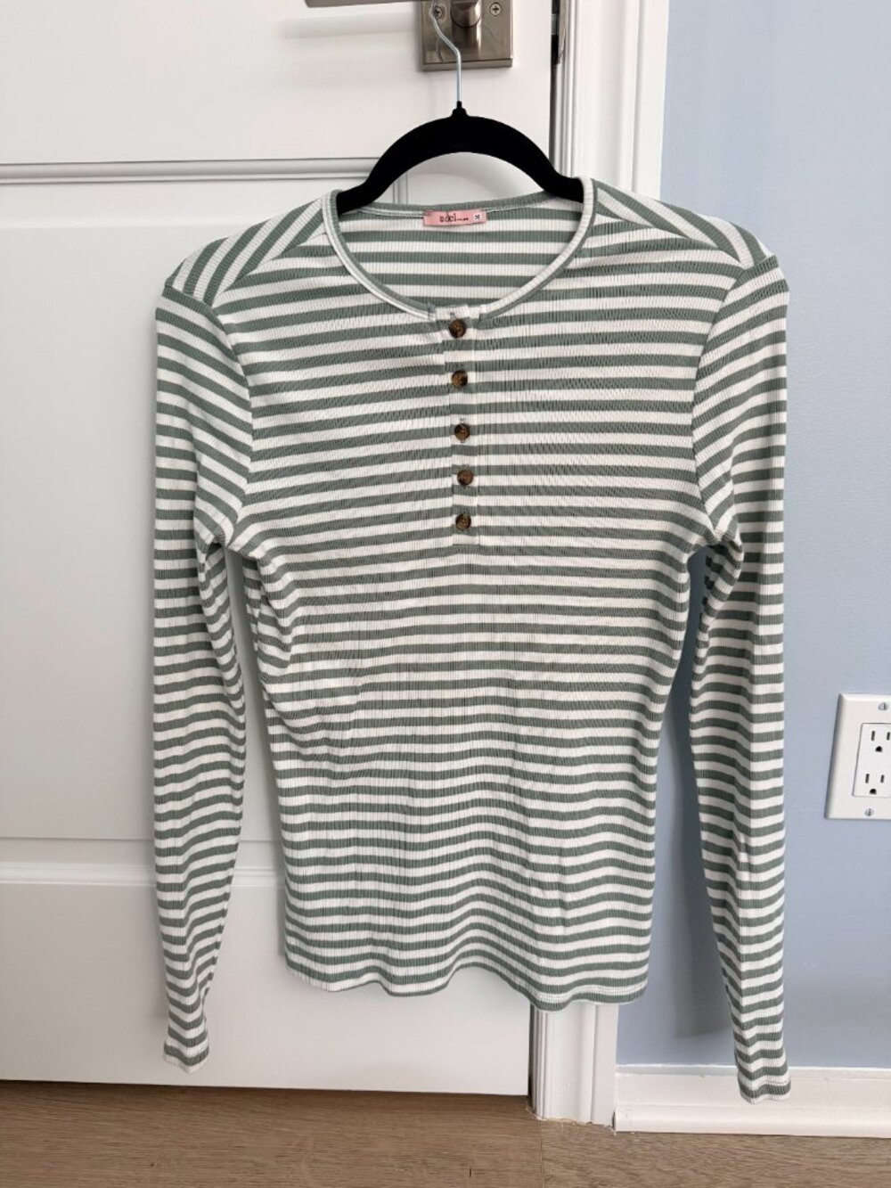 Sage Green & White Striped Henley Top